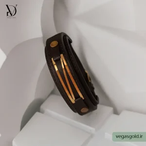دستبند چرم با پلاک طلا کد014