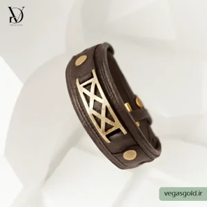 دستبند چرم با پلاک طلا کد015