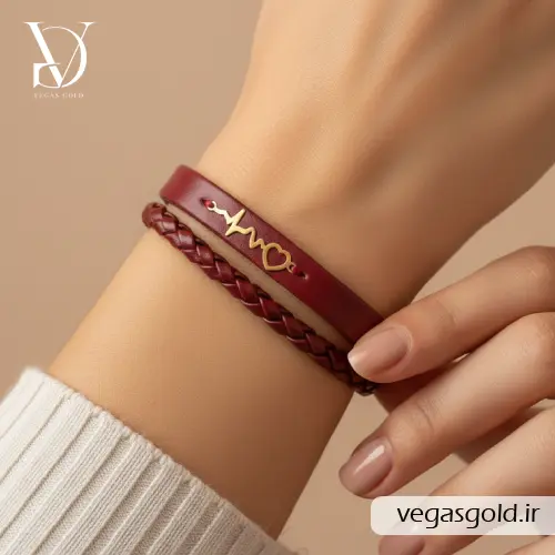 دستبند چرم و طلا زنانه طرح قلب | مدل دستبند چرم و طلا خاص